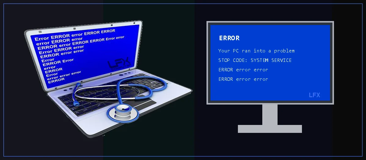 Laptop and desktop computer with blue screen error