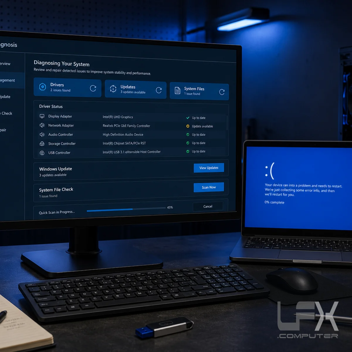 Windows driver update and software blue screen diagnosis