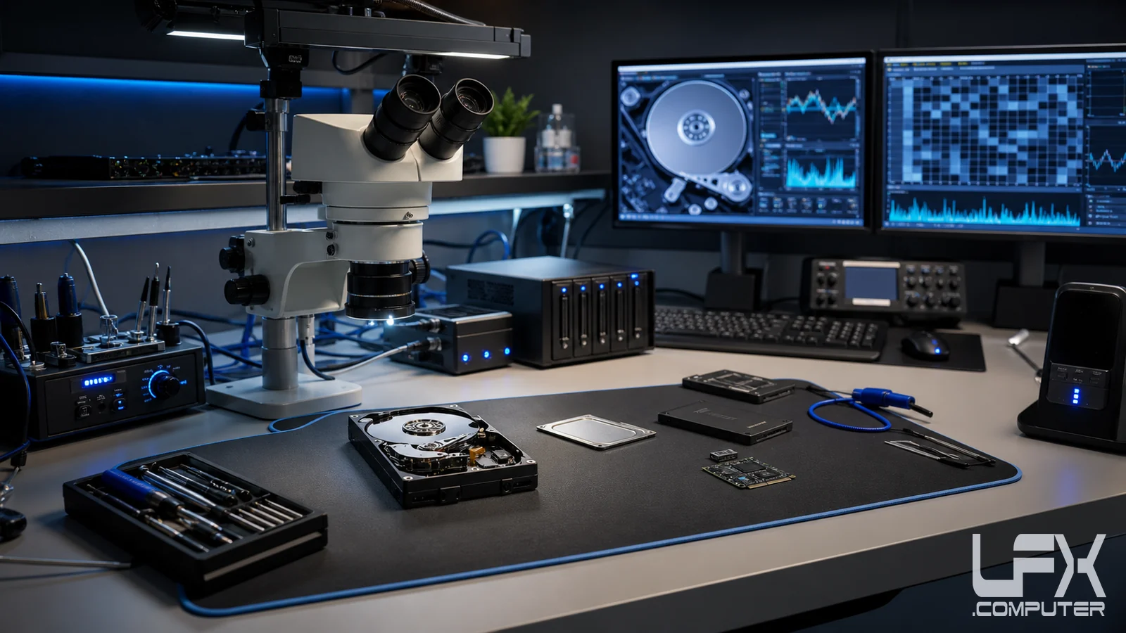 Professional data recovery laboratory workshop with microscope and drive diagnostics