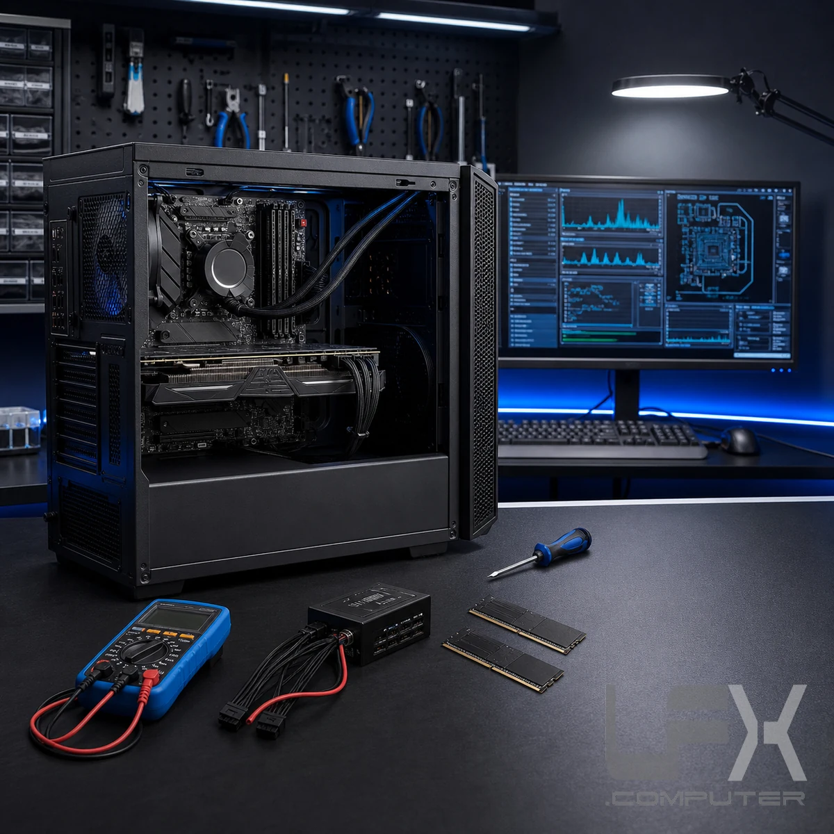 Gaming PC power supply memory graphics and motherboard diagnostics