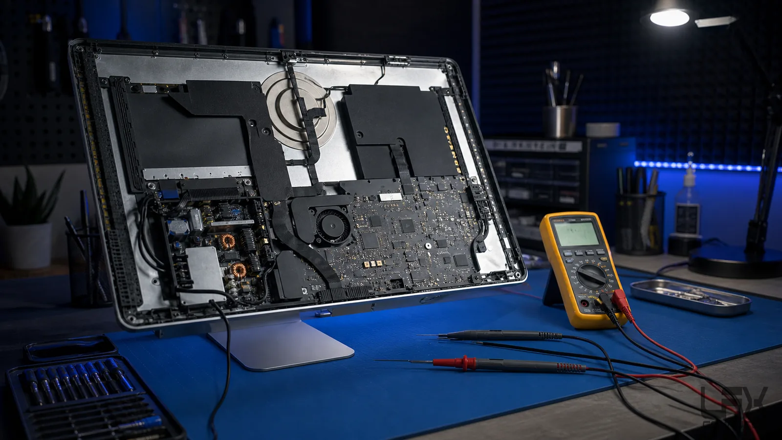 iMac power supply and logic board diagnosis in a computer workshop