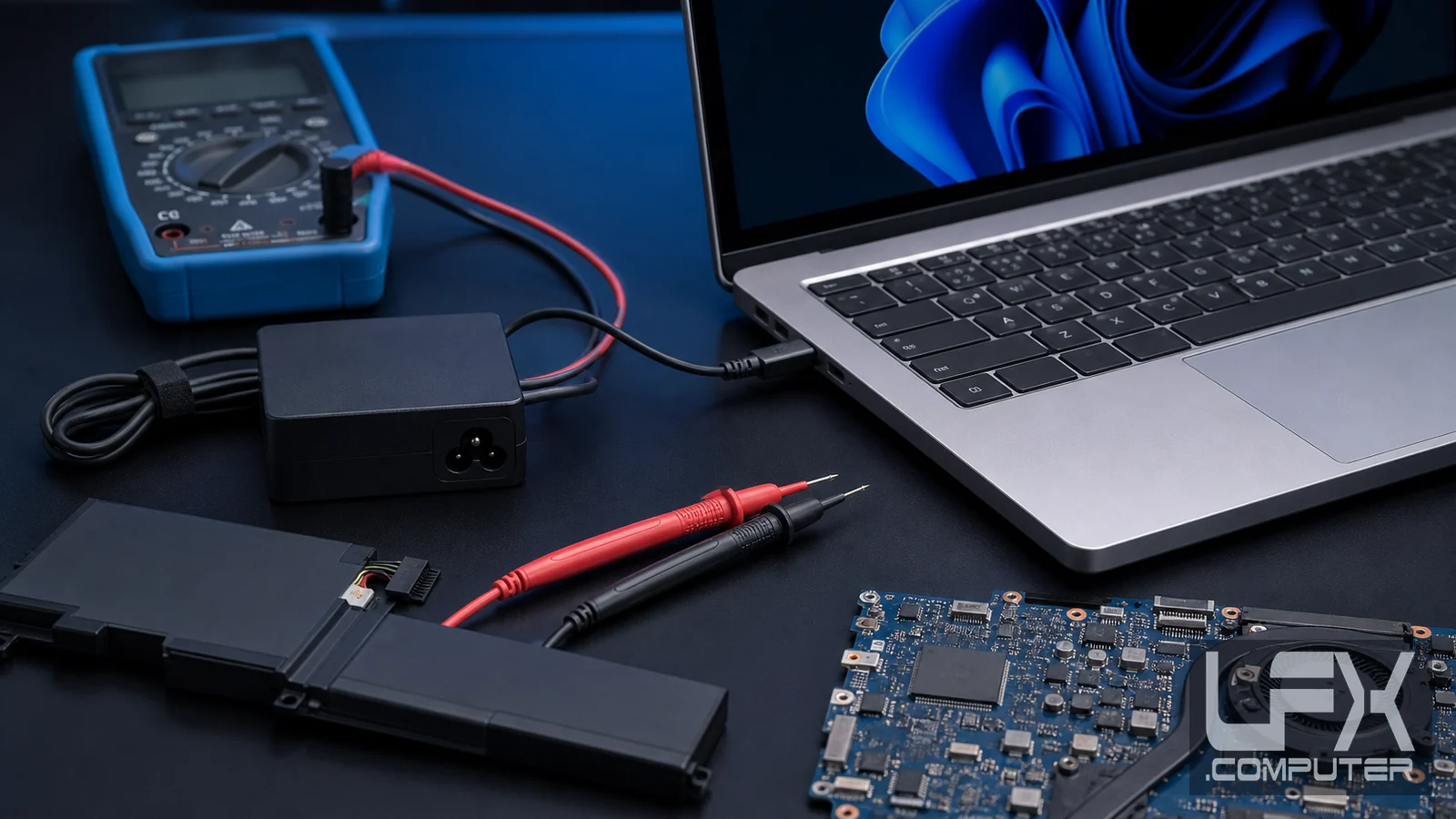 Laptop charger battery and motherboard power checks