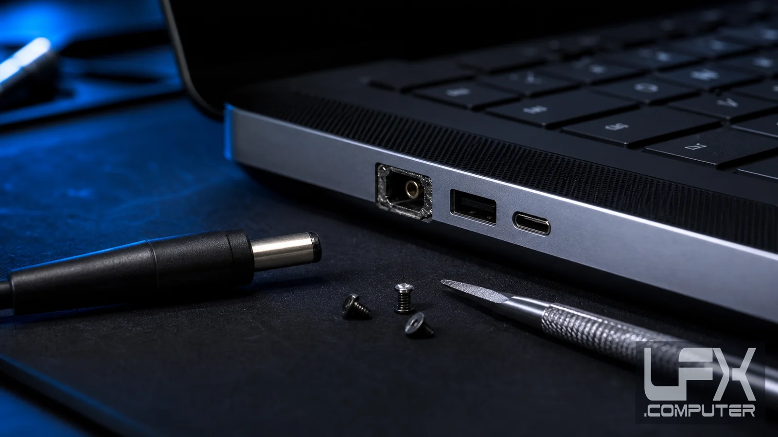 Damaged laptop hardware needing workshop inspection