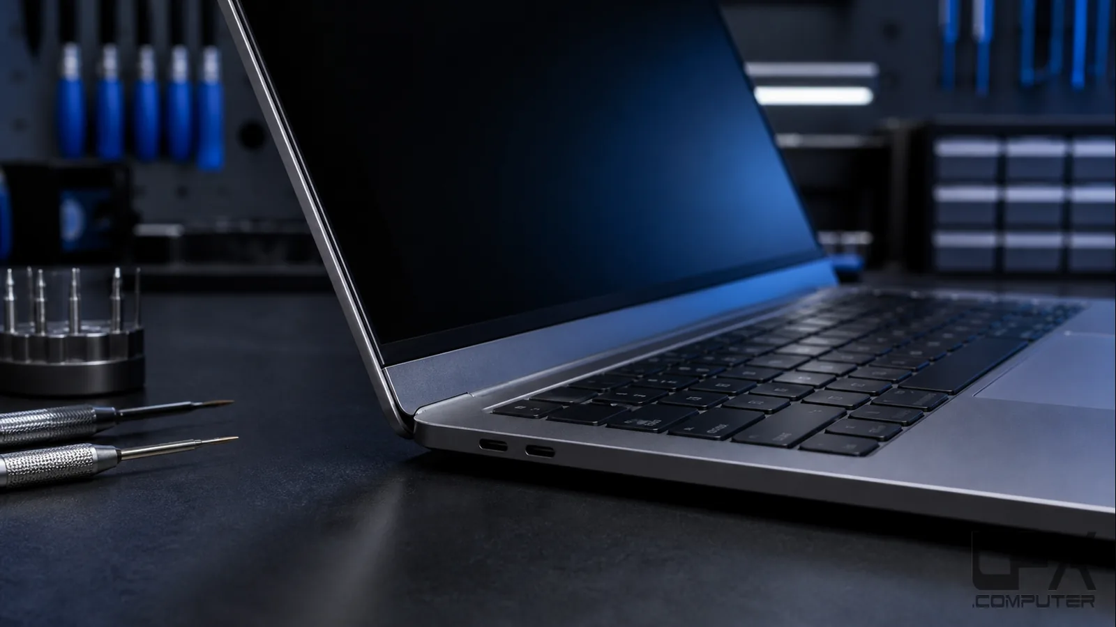 Finished laptop hinge repair with clean screen alignment