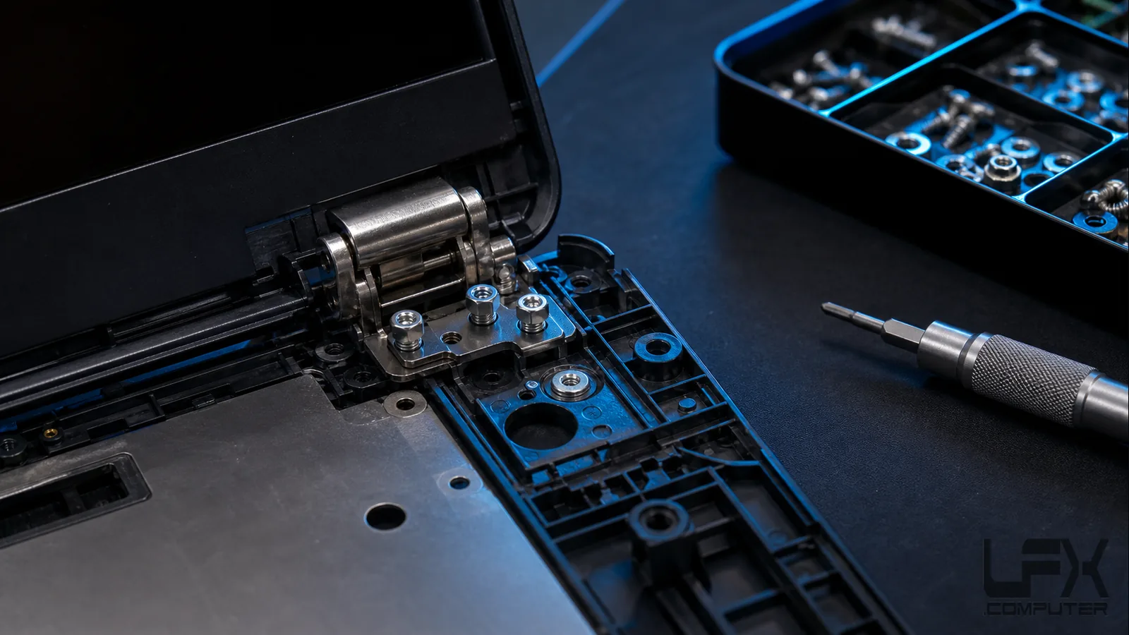 Laptop hinge modification repair reinforced with metal fixings
