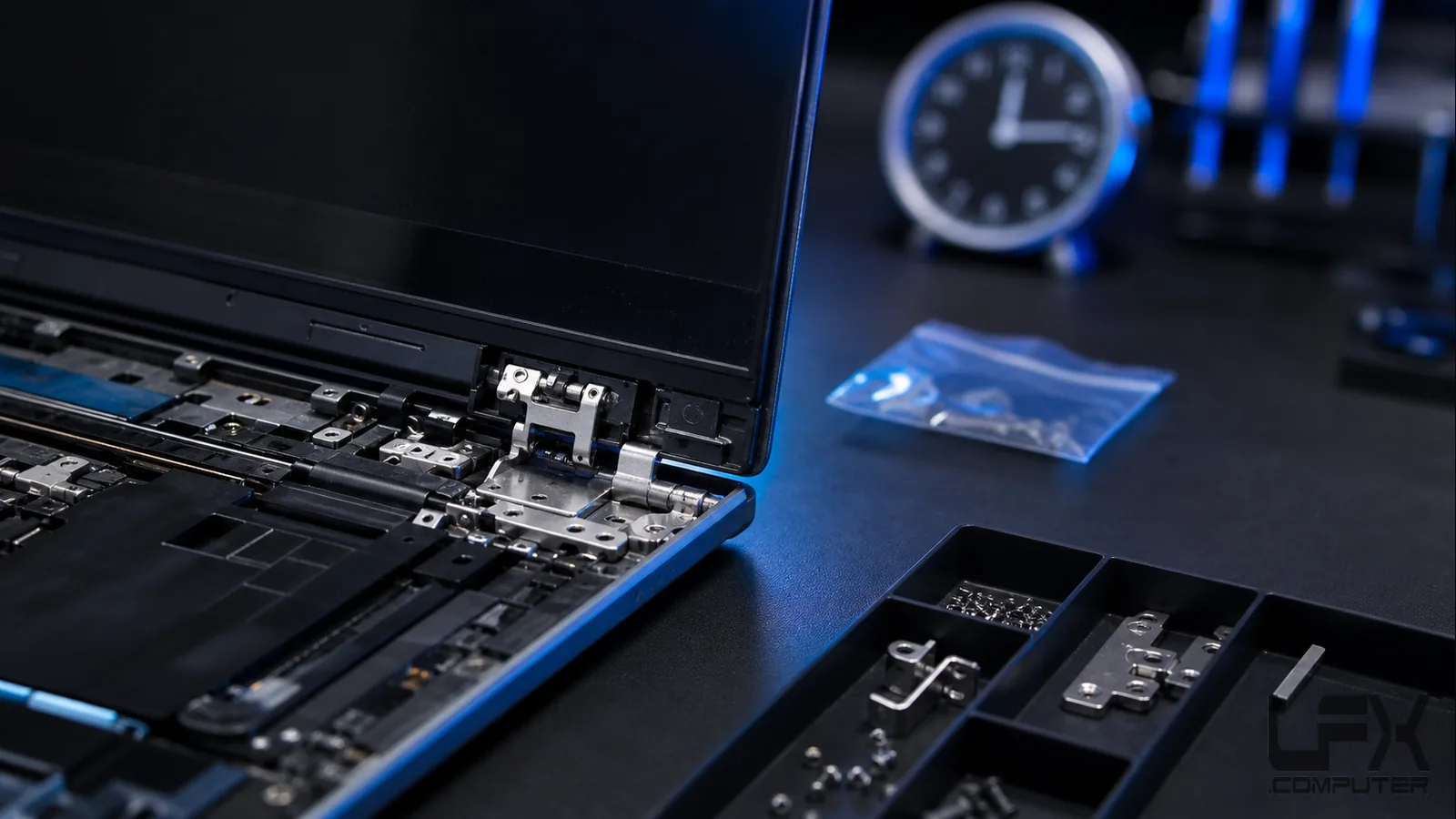 Laptop hinge repair in progress with parts and turnaround planning