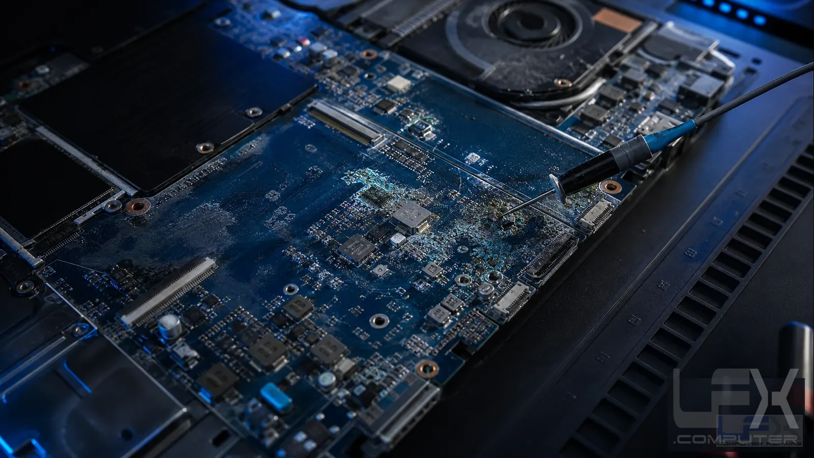 Laptop motherboard liquid damage diagnosis with corrosion inspection