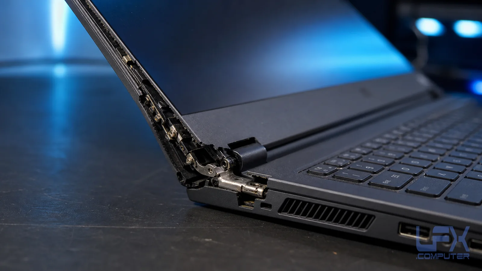 Broken laptop hinge with exposed bracket and cracked casing
