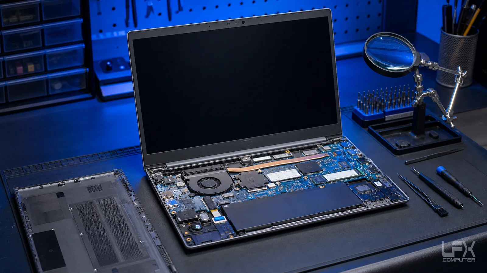 Liquid damaged laptop with motherboard fault symptoms