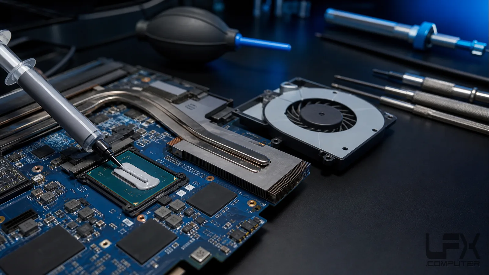 Fresh thermal paste application and cleaned laptop cooling system