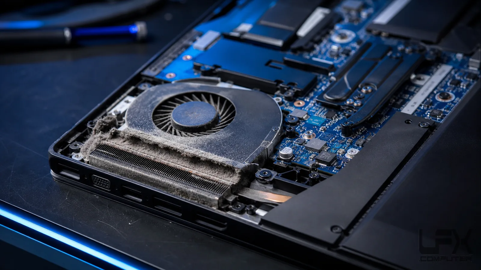Dust clogged laptop fan and heatsink causing overheating