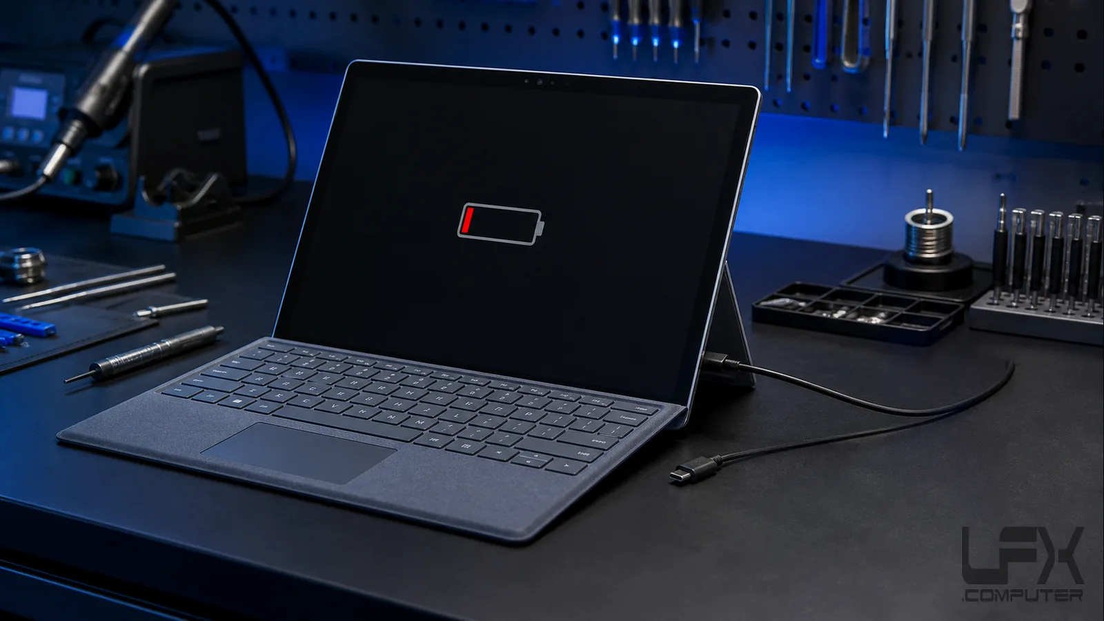 Surface Pro style tablet with low battery and charging diagnosis