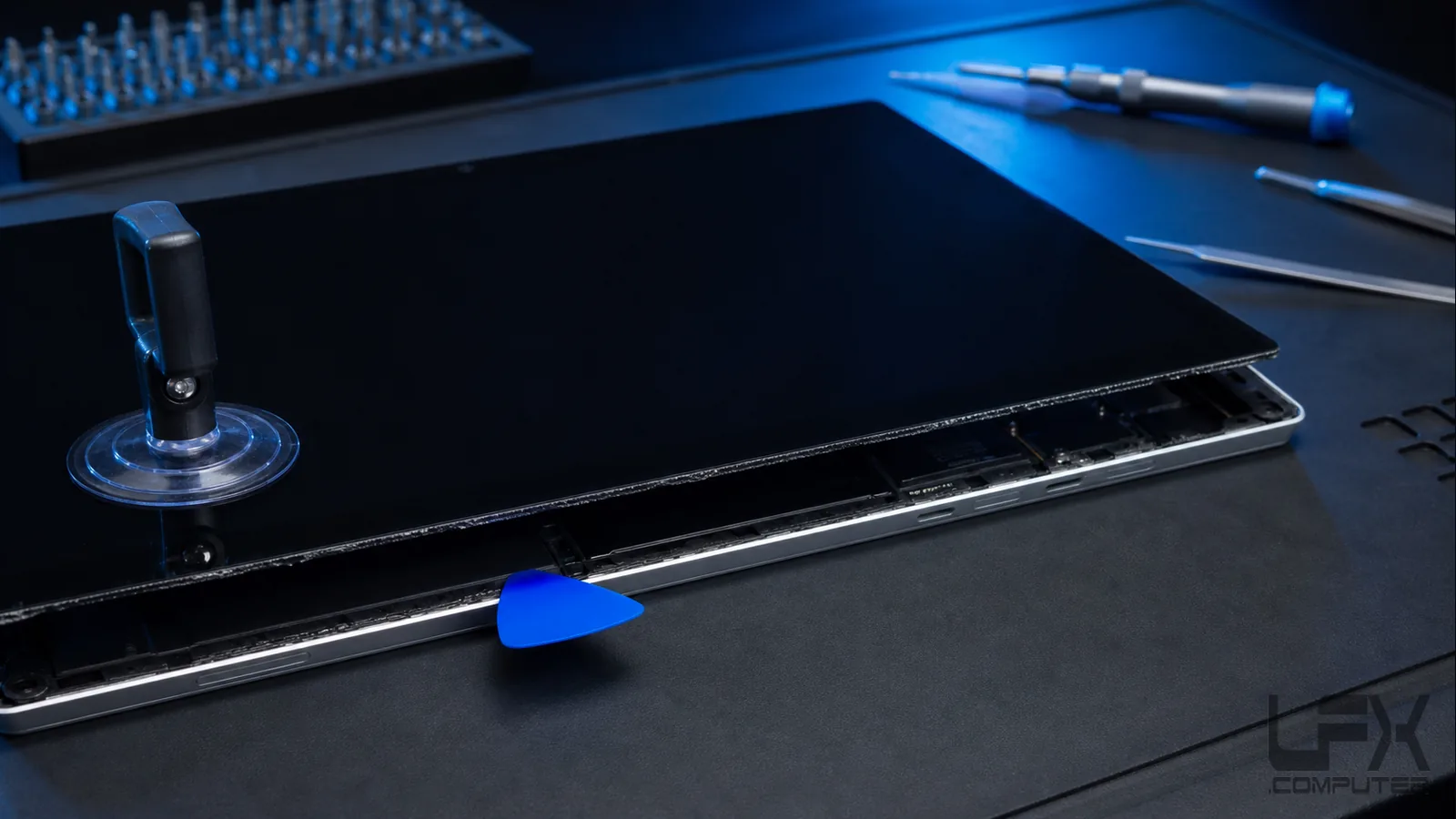 Bonded Surface Pro style screen being carefully lifted for repair