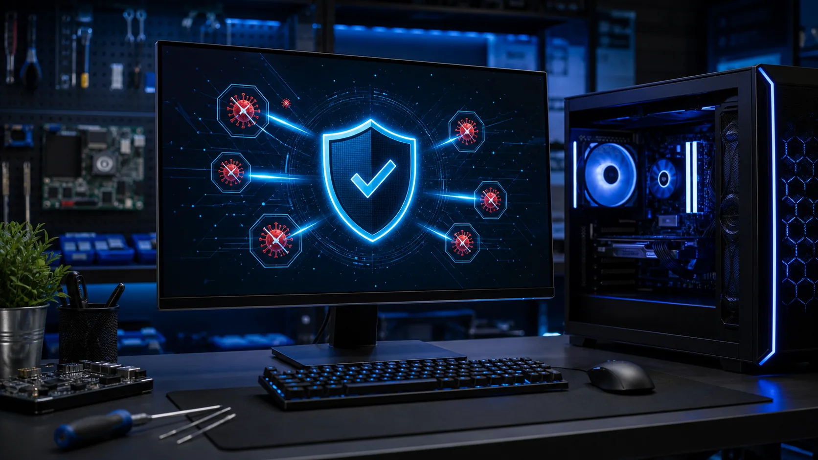 Virus removal security scan in a computer repair workshop