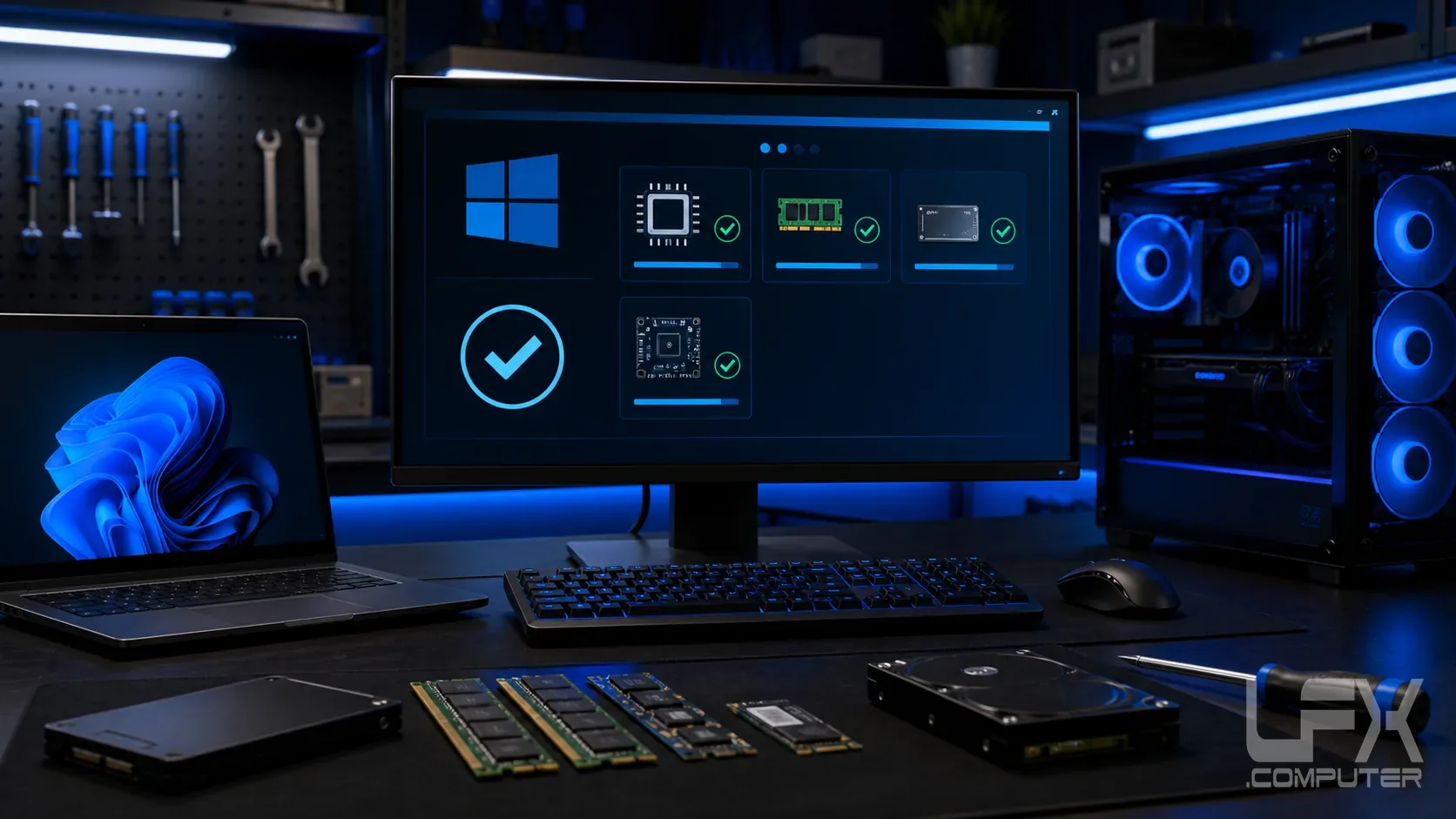 Windows 11 compatibility check on a computer repair bench